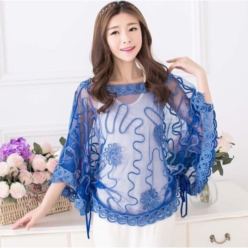 Summer Women Sheer Lace Mesh Smock Cape Pullovers Top 3/4 Sleeve Loose Embroidery Floral See-Through Cloak Coat