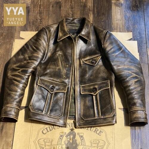 Vintage Genuine Leather Motorcycle Jacket Men Outerwear Safari Style Slim Fit Cargo Coat Zipper Pockets Mens Cow Leather Jackets