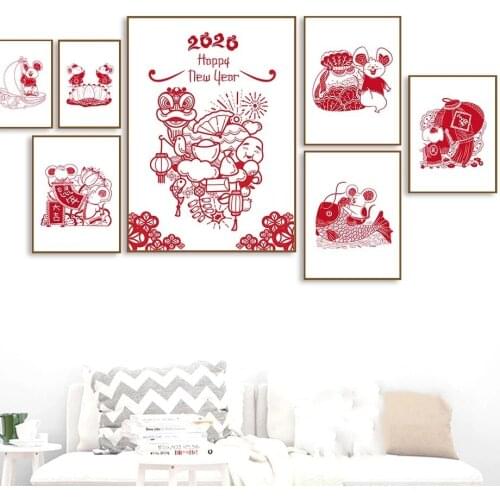 Chinese Paper Cut Wall Art Canvas Painting Red Mouse Lantern Carp Nordic Posters and Prints New Year Pictures Living Room Decor