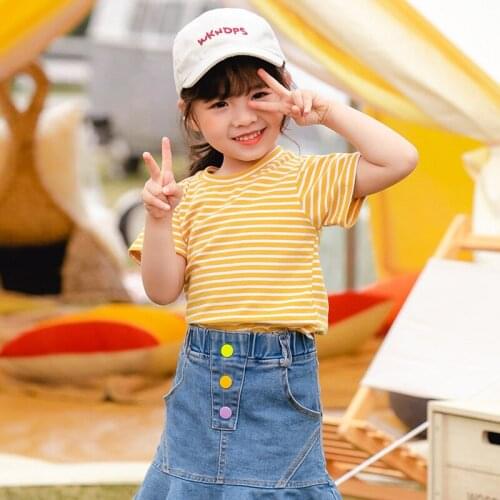 2021 Summer New Baby Girls T Shirt Short Sleeved Striped Clothes Cotton Shirt 1-6 Years Old Childrens Clothing Kids Girl Tops