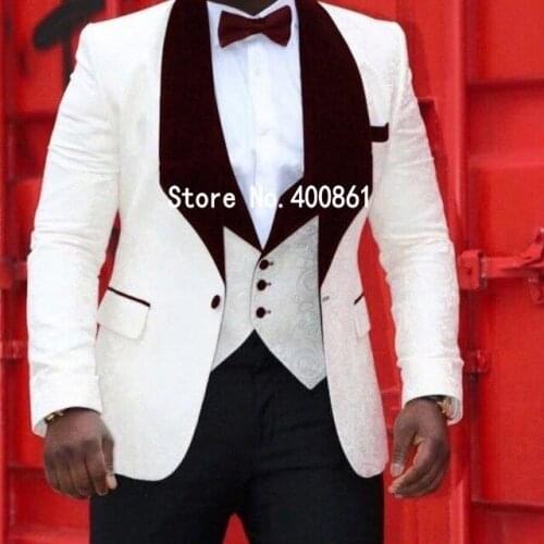 New Design One Button Ivory Groom Tuxedos Shawl Wine Lapel Groomsmen Best Man Mens Wedding Suit (Jacket+Pants+Vest+Tie) W:296