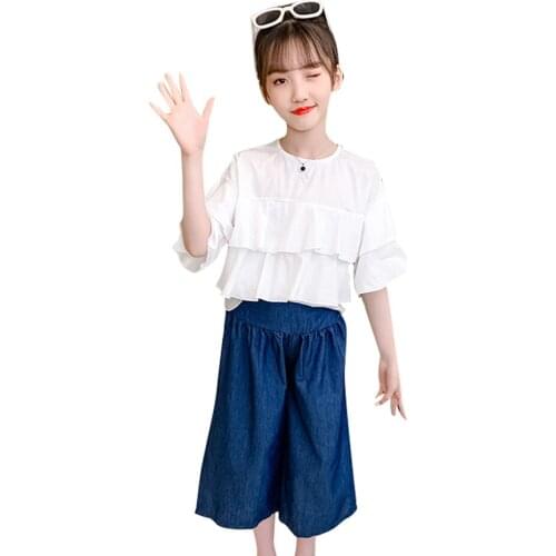 Teen Girls Clothing Solid Tshirt + Denim Pants Tracksuits For Girls Casual Style Tracksuit Girl Summer Kids Tracksuit 6 8 10 12
