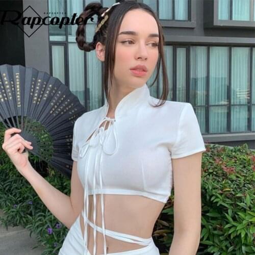 Rapcopter Tie Up Crop Top y2k White Chinese Style T Shirt Vintage Short Sleeve Tshirt Women Summer Cosplay Pullovers Korean Tee