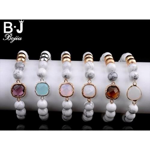 BOJIU Mixed Ag. Colored Bead Bracelet White Howlite Beaded Women Casual Strand Colorful Pendant Bracelets New Jewelry BC155