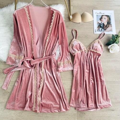 Sexy Lace Nightwear Women Autumn New Sleepwear Velvet 2PCS Wedding Robe Set Intimate Lingerie Long Sleeve Home Clothing