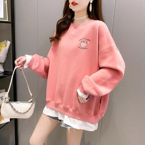 Streetwear Spring Autumn Women Fake Two Hoodies Fruit Embroidery Sweatshirt Long Sleeve Loose Pullover Pink Sweet Tops Clothes