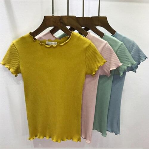 Vintage Wood Ears O Neck Short Sleeve T-shirt 2020 New Women Slim Fit T Shirt Tight Tee Summer Retro Tops 7 Colors