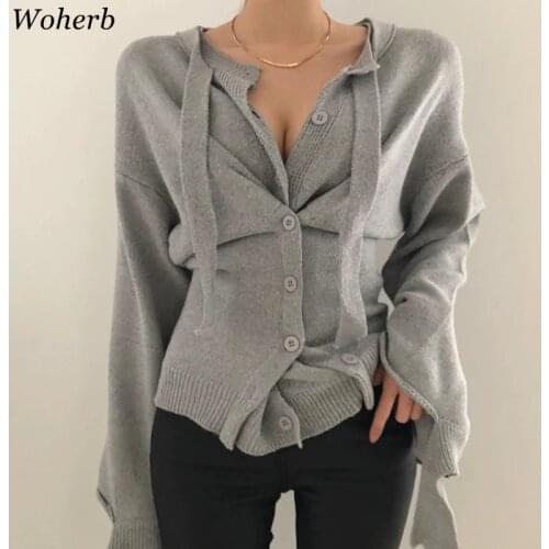 Woherb Women Autumn Winter Pullover and Sweaters Sexy V Neck Pleated Solid Knit Jumper Casual Korean Chic Bandage Pull Sweaters