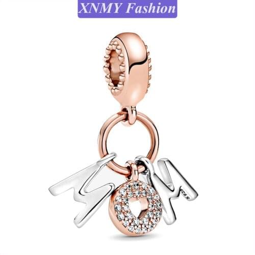 XNMY New Original Rose Gold Color Cubic Zircon Pave Mom Letter Dangle Charm Fit European Pandora Bracelet Mothers Day Gift