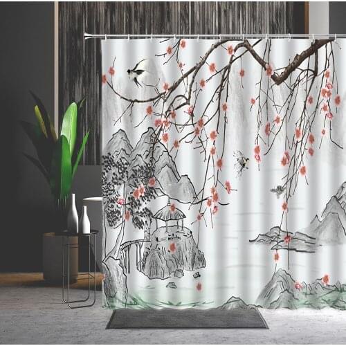 Chinese Style Flower Bird Shower Curtain Ink Painting Mountain Water Landscape Pattern Bathroom Decor Home Bath Hanging Curtains
