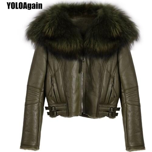 YOLOAgain Winter Warm Women Raccoon Fur Collar Genuine Leather Shearling Jacket
