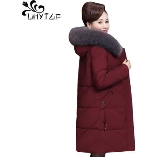 UHYTGF Women winter jacket fashion fur collar down jacket casual warm outerwear solid color hooded cold-proof plus size coat1252