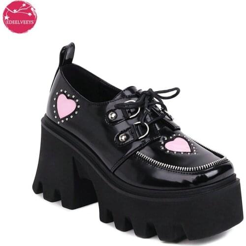 Lovely Heart Darkness Black Gothic Style Lolita Punk Rivet Zipper Cosplay Chunky Heels Platform Shoes Women Footwear Big Size 43