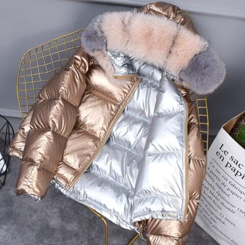 2020 Winter Down Jacket Women Double-sided Wear Glossy Short Outerwear Fox Fur Collar White Duck Down Coats Students Tops