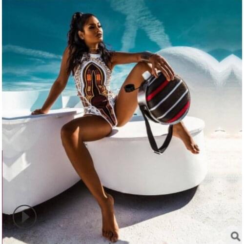 Womens Sleeveless One Piece Swimsuit Sexy Ethnic Style Printed Tie Rope Connection Back Zipper Monokini Bathing Suit 36