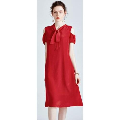 Off Shoulder Red Silk Crepe Dresses Women Wedding Party Summer Long Casual Sexy Office Work Daily Dress Plus Size Slim Fit