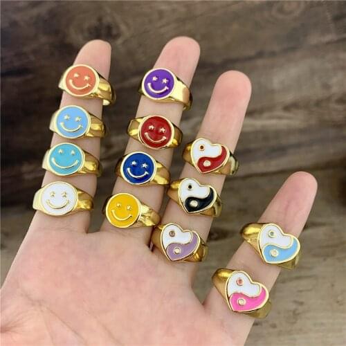 10Pcs Hot colorful enamel ring jewelry,smiley face heart shaped ring jewelry summer beach party design