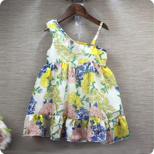 16 New Style Korean Girl Childrens Garment Flower Printing Wryshoulder Camisole Lotus Leaf Skirt Girl Baby Princess