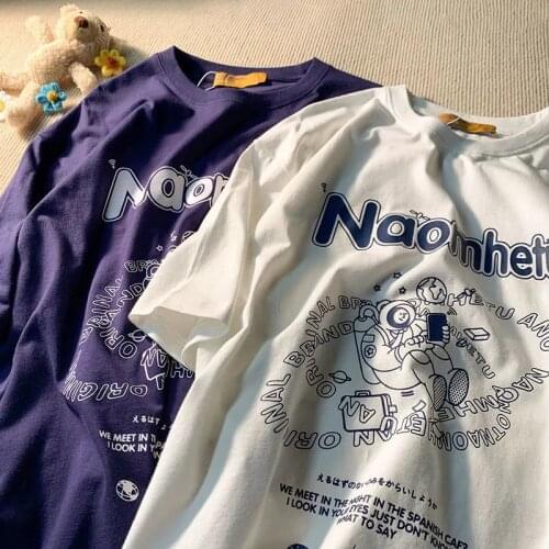 Retro Harajuku Astronaut Planet Letter Cartoon Short Sleeve T-shirt Female Summer O-neck y2k Streetwear Punk Oversized T Shirt