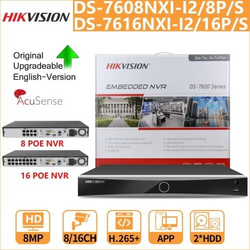 Hikvision AcuSense 4K NVR DS-7608NXI-I2/8P/S DS-7616NXI-I2/16P/S 8/16CH 2 SATA For POE IP Camera CCTV Video Recorder H.265