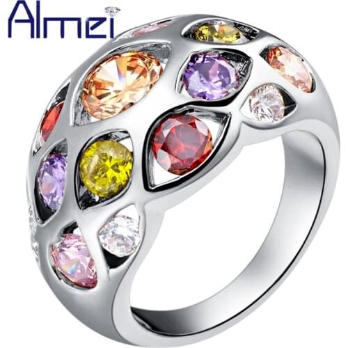 Almei Alibaba-Express Punk Womens Jewelry Big Rings Female With Rainbow Stone Silver Color Ring Anillos Mujer Jewellery J452