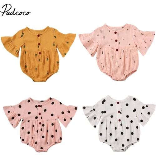 Baby Romper for Girls Cute Floral Print Round Neck Short Flounced Sleeve Bodysuit for Kids Girls