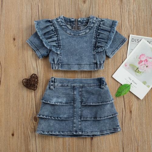 2 Piece Toddler Summer Outfits Set Solid Color O-Neck Short Sleeves Crop Tops High-Waist Layered Skirt for Girls 1-6 Years