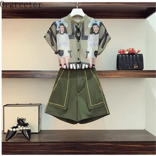 Army Green Womens Suits Summer New Print Chiffon Blouse Shirt With Double Pocket Wide leg Shorts Two piece set Female