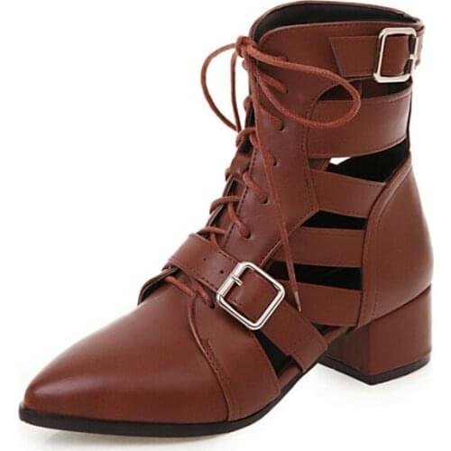 Hot sell Manufacturer Cut Out Booties Lace Up Cool Pointy Toe Buckle Decor Autumn Shoes Chunky Medium Heels Shoes Casual Street