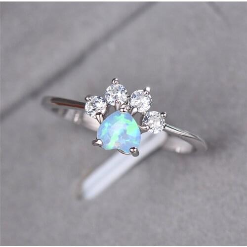 Cute Female Blue White Fire Opal Ring Crystal Zircon Heart Engagement Ring Vintage Dog Cat Paw Claw Rings For Women