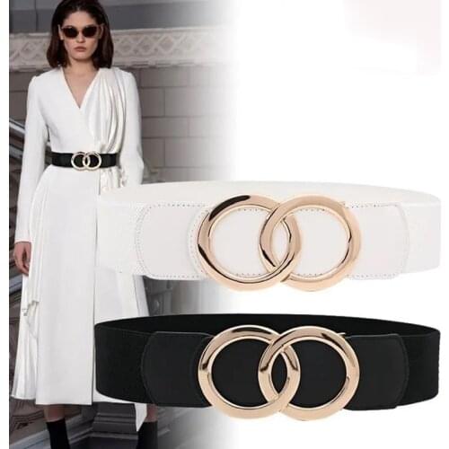 Fashion Women Elastic Double Circle Vintage Cummerbunds Luxury Brand All-Match Overcoat Dress Casual Black White Waistband