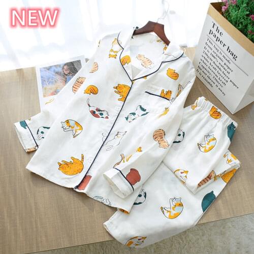 100% Cotton Pajamas Set Women Sweet Funny Cat Print Homewear Femme Long Sleeves Sleepwear 2020 Fashion Autumn Pjs