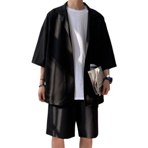 Two Pieces Men Coat Shorts Suit Solid Color Loose Design Two Pieces Trendy Men Coat Shorts Suit Trendy Men Coat Shorts Suit 2021