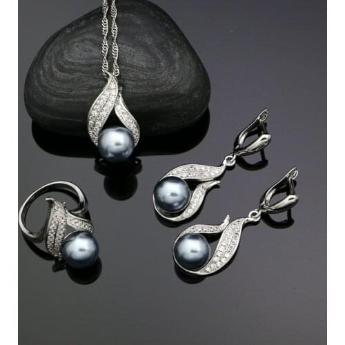 Grey Pearls Silver 925 Bridal Jewelry Sets White CZ Accessories For Women Wedding Earrings/Pendant/Ring/Necklace Set