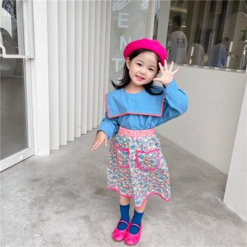 2021 Autumn Girls' Embroidered Big Lapel Blue Baby Shirt Top + Floral Short Skirt Two-piece Skirt
