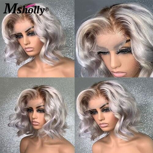 Colored Human Hair Wigs Short Bob Ombre Platinum Blonde Wavy Wigs Pre-Plucked Glueless Remy Brazilian Hair Wigs For Black Women