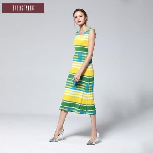 Miyake Ruffled Stripe Dresses Womens Long Spring and Summer New Sleeveless Dresses Slim Hips