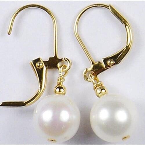 Free shipping 9-10MM Akoya White natural Pearl Ear Drop Dangle Earring 14k/20 Yellow Gold hook