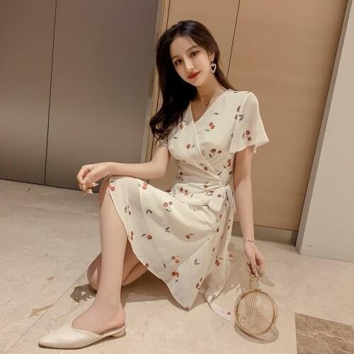 2020 Summer New Cherry Print Dress Chiffon Short Sleeve V-neck High Waist Lace Bow Knee-length Dresses Female Vestidos Largos