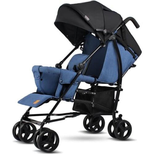 Blue Baby Twin Stroller Lightweight Folding Big Kids Front and Rear Double Baby Car Two-Child Artifact