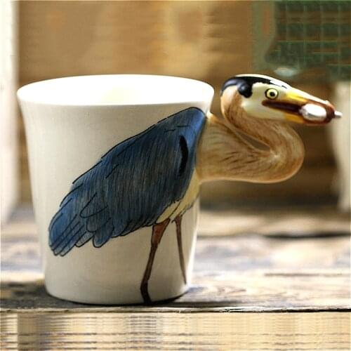 3D three-dimensional blue fish heron coffee mug Hand-painted animal creative ceramic cup Personality handle Cartoon gift mugs