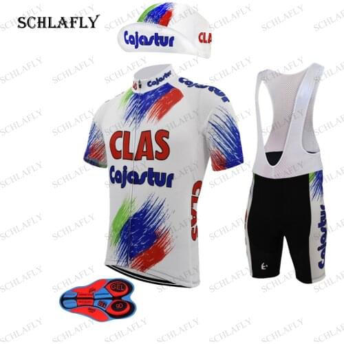 Clas Cajastur Cycling Jersey Sets 9d Silicone Cushion Summer Short Sleeve Jersey Bib Pants Bike Wear Cycling cap Schlafly