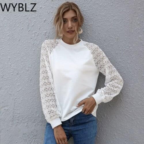 WYBLZ Women Sexy Lace Patchwork Hollow Out T-Shirt Long Sleeve Button Mesh Design Tops Spring Fashion White Vintage T Shirts