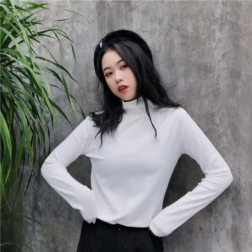 T-shirt Women Long Sleeve Turtleneck Solid Simple All-match Crop Top Leisure T-shirt Womens Korean Style Students Daily Tees
