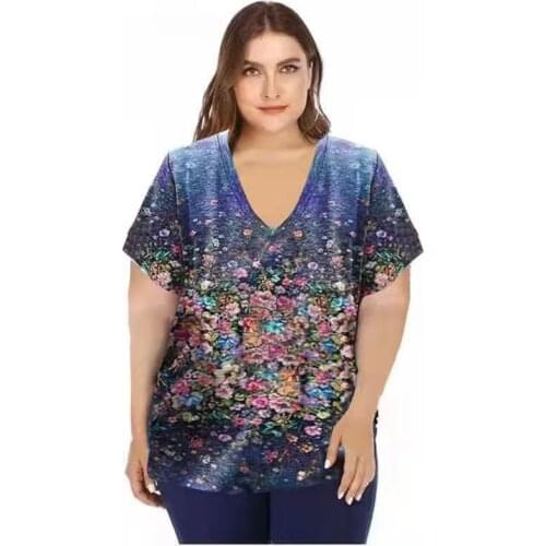 Floral Print T-Shirts Women Plus Size Short Sleeve Tops Loose Casual Summer Tee Female V-Neck Basic T-Shirt 5XL Top Pullovers