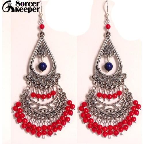 Vintage Tibetan Style Fashion Jewelry Earrings for Women with Coral Natural Lapis lazuli Stones Beads Long Dangle Earings Female