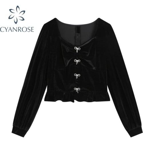 Black Chic Buttons Vintage Crop Blouses And Shirts For Women Long Sleeve Square Collar Office Ladies Elegant Flannel Tops Mujer
