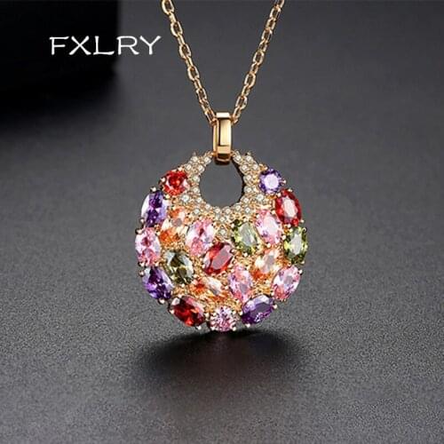 FXLRY Hot Rose Gold-Color Multicolor CZ Zircon Multicolor Crystal Round Pendant Necklace for Women Party or Dating Gift