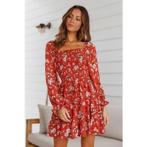 Autumn Dress Women Robe Femme Print A-Line Dresses Drawstring Ruffles Square Collar Long Sleeve Dress For Woman Vestido De Mujer
