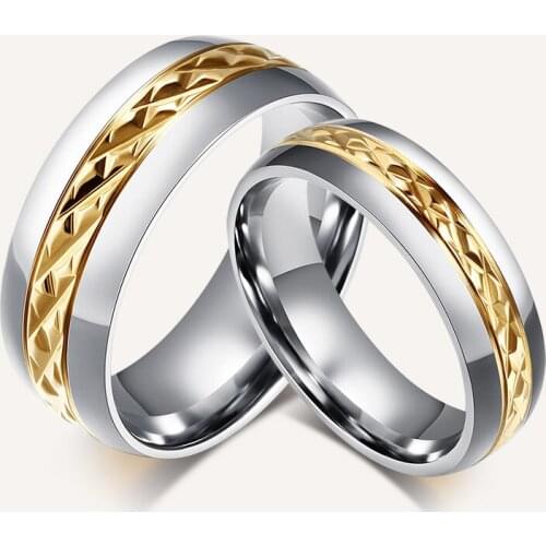 Gold-color Rhombus Surface Wedding Rings for Women Men Stainless Steel Couple Jewelry Promise Band Alliance Bijoux